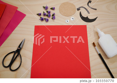 Step by step diy process. Step 1- preparation tools for handmade craft Ladybug made of paper and flowers. Red love symbol. Step by step diy process. Step 1- preparation tools for handmade craft Ladybug made of paper and flowers. Red love symbol. 103350770