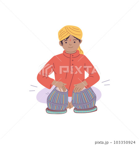 Cute Indian kid boy in traditional headdress playing tabla flat style 103350924