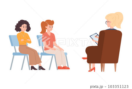 Smiling women sitting opposite psychologist with notes flat style Smiling women sitting opposite psychologist with notes flat style 103351123