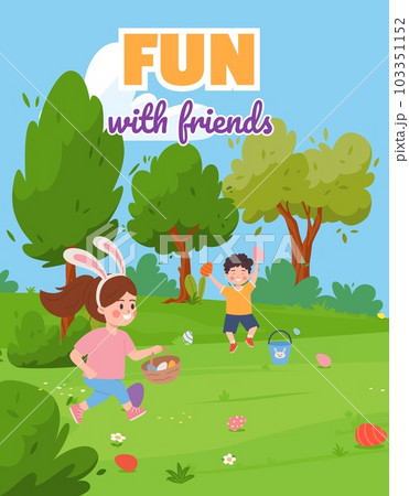 Vector banner, illustration of boy and girl with bunny ears enjoy hunting and picking up Easter eggs on the spring lawn, have fun 103351152