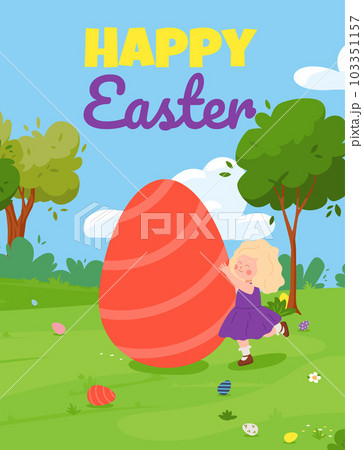 Vector banner, illustration of pretty girl rolls a huge painted Easter egg across the spring lawn, great Happy Easter design. Vector banner, illustration of pretty girl rolls a huge painted Easter egg across the spring lawn, great Happy Easter design. 103351157