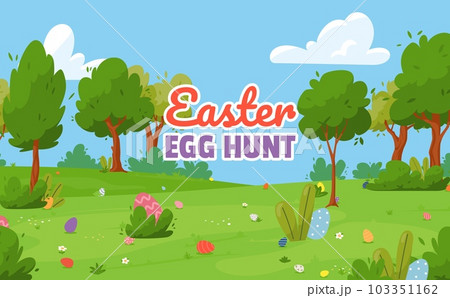 Vector illustration of spring lawn with trees with easter eggs scattered on it. Happy easter banner, traditional colored easter eggs 103351162