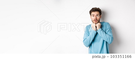 Image of scared young man trembling from fear, holding hands near face and staring at camera startled, standing over white background 103351166