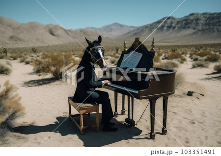 Horse wearing tuxedo playing piano in middle of desert. Abstract surreal background. AI generated 103351491
