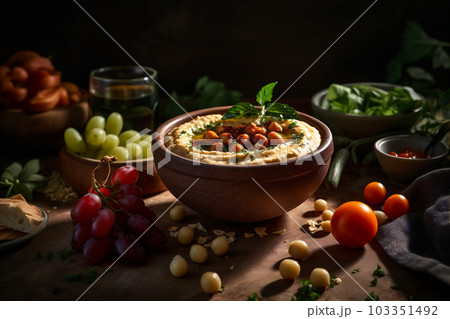 Homemade Hummus with Fresh Herbs and Pita Bread. AI generated 103351492