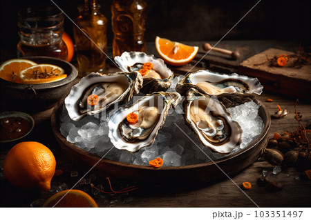 Fresh and Delectable Open Oysters on a Platter with lemon, ice. Fresh seafood. AI generated. 103351497