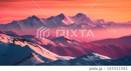 Majestic view of snow capped mountain range at sunrise with fog. AI generated. 103351501