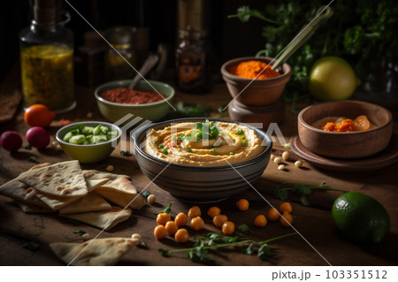 Homemade Hummus with Fresh Herbs and Pita Bread. AI generated 103351512
