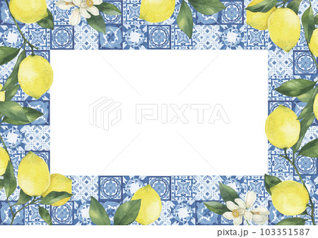Mediterranean frame with lemons and traditional tiles watercolor illustration. Isolated on white background Mediterranean frame with lemons and traditional tiles watercolor illustration. Isolated on white background 103351587