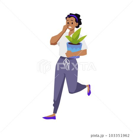 Woman with dark hair and a pot with flower in her hands quickly runs, evacuates, vector Illustration isolated on white background for emergency concept 103351962