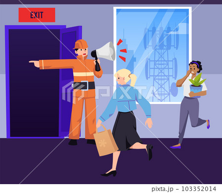 People run to exit evacuating on fire alarm warning, flat vector illustration. 103352014