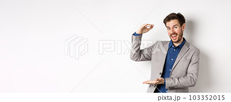 Handsome salesman in suit showing big size, large income, smiling at camera enthusiastic, standing on white background 103352015