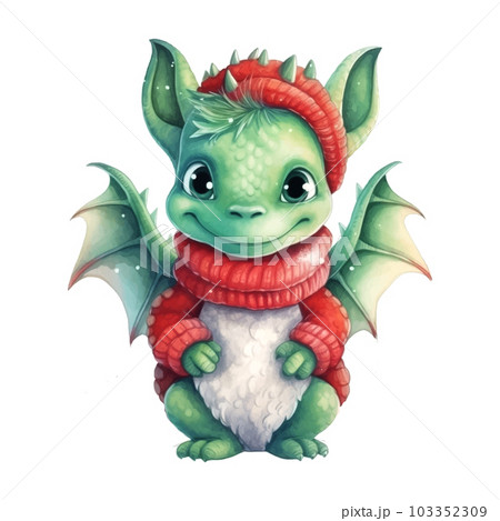Fantasy cute dragon with christmas sweater, great design watercolor White color background. New Year 2024 Vector art illustration. Cartoon dragon 103352309