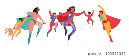 Brave Superhero Mother Characters Protecting their Children With Strength And Love, Inspiring Them To Be Brave, Kind Brave Superhero Mother Characters Protecting their Children With Strength And Love, Inspiring Them To Be Brave, Kind 103352333