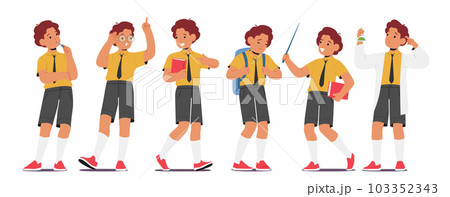 School Boy Character Different Poses and Expressions. Child Thinking, Show Thumb Up, , Carry Book, Learn Chemistry 103352343