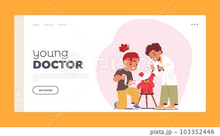 Young Doctor Landing Page Template. Kids Playing Doctors. Imaginative Role-playing with Caring For Stuffed Animal Young Doctor Landing Page Template. Kids Playing Doctors. Imaginative Role-playing with Caring For Stuffed Animal 103352446
