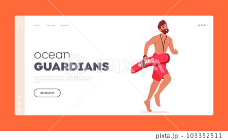 Ocean Guardians Landing Page Template. Lifeguard Male Character Sprints To Aid In Rescue Demonstrating Swift Action 103352511
