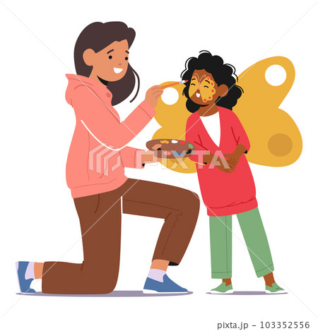 Woman Animator Skillfully Painting A Child Face, Creating Smiles And Transforming Them Into Magical Butterfly Character Woman Animator Skillfully Painting A Child Face, Creating Smiles And Transforming Them Into Magical Butterfly Character 103352556