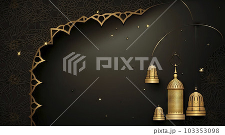 Arabic Islamic Arch dark and Golden Luxury Ornamental Background with Islamic Pattern Frame. ai generative. Arabic Islamic Arch dark and Golden Luxury Ornamental Background with Islamic Pattern Frame. ai generative. 103353098