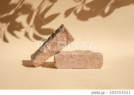 Stone Podium for promotion on beige Background. Natural pedestal. Two stone podiums with floral shadow. Beauty product mockup. Scene to show products. 103353521