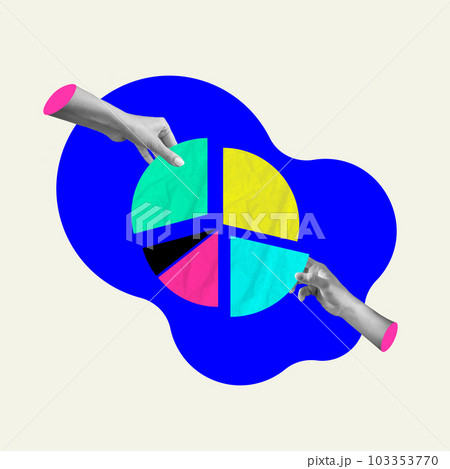 Human hands working with round graph, company analytics. Development of successful enterprise. Contemporary art collage. Human hands working with round graph, company analytics. Development of successful enterprise. Contemporary art collage. 103353770