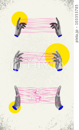 Stages of work. Human hands with strings symbolizing generation of creative ideas, development of strategy and growing finances. Contemporary art 103353785