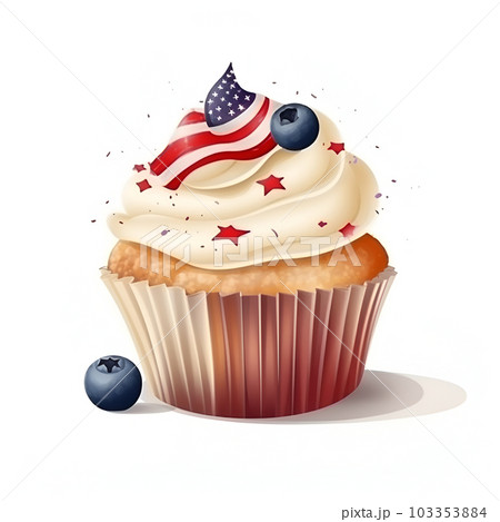 American vanilla sweet cupcake in color USA flag on white background. Food for Patriotic Independence Day 4th of july. American vanilla sweet cupcake in color USA flag on white background. Food for Patriotic Independence Day 4th of july. 103353884