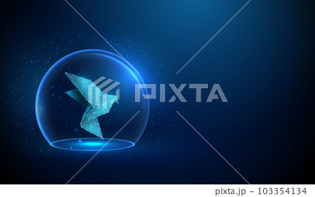 Abstract blue glass dome with paper origami bird. 103354134