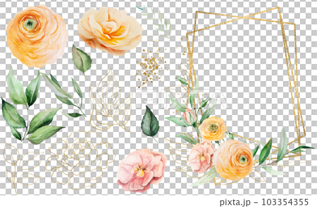 Frame with orange and yellow watercolor flowers and green leaves, single elements, illustration Frame with orange and yellow watercolor flowers and green leaves, single elements, illustration 103354355