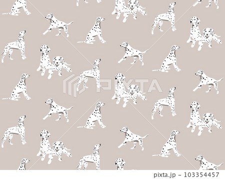 Dalmatian Seamless pattern beige decor, design with funny cartoon white potted dalmatain dogs breed 103354457
