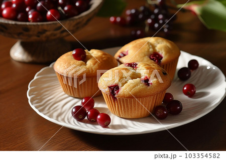 on table plate with muffins and vase with blueberries on table plate with muffins and vase with blueberries 103354582