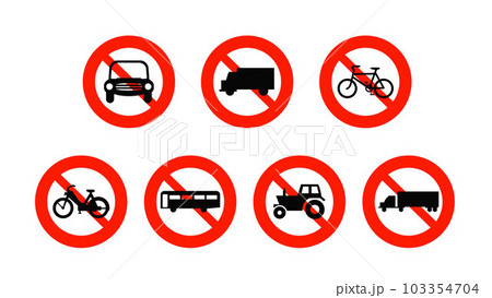 Set of no vehicle. Red prohibited sign. Ban automobile. Prohibition vehicle. Stop car. 103354704