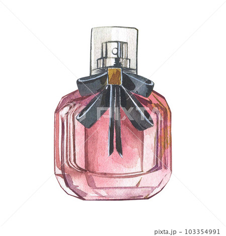 Pink glass perfume bottle with black bow isolated on white background. Watercolor hand draw illustration. Art for design 103354991