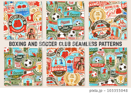 Boxing and Soccer club seamless pattern. Vector. For football club background with boxer, boxing gloves, boxing shoes, soccer, football player, goalkeeper and gate. Boxing, soccer sport pattern Boxing and Soccer club seamless pattern. Vector. For football club background with boxer, boxing gloves, boxing shoes, soccer, football player, goalkeeper and gate. Boxing, soccer sport pattern 103355048