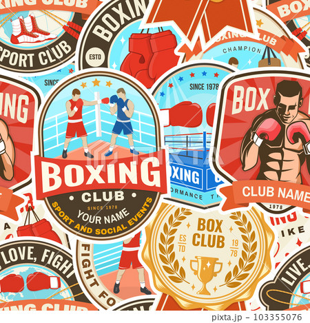 Boxing club seamless pattern. Vector illustration. Background with Boxing sport club emblem, sign, patch. Concept for background or wallpaper with Boxer, gloves, boxing jump rope and shoes silhouette. Boxing club seamless pattern. Vector illustration. Background with Boxing sport club emblem, sign, patch. Concept for background or wallpaper with Boxer, gloves, boxing jump rope and shoes silhouette. 103355076