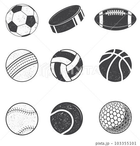 Set of black and white Sports Balls. Vector Illustration. Set include soccer, backetball, volleyball, baseball, cricket, american football, tennis, golf balls and ice hockey puck silhouettes. Set of black and white Sports Balls. Vector Illustration. Set include soccer, backetball, volleyball, baseball, cricket, american football, tennis, golf balls and ice hockey puck silhouettes. 103355101