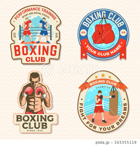 Set of Boxing club badge, logo, patch design. Vector. For Boxing sport club emblem, sign, shirt, template. Vintage retro patch, label, sticker with jump rope, boxing gloves and boxing shoes silhouette 103355119