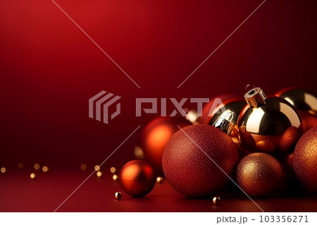 Christmas banner with red and gold balls on red background. Xmas greeting card. Generative AI. 103356271