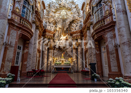 Interior of Karlskirche baroque church in Karlsplatz square in Vienna, Austria Interior of Karlskirche baroque church in Karlsplatz square in Vienna, Austria 103356340