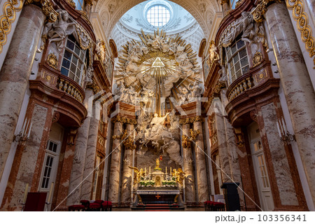 Interior of Karlskirche baroque church in Karlsplatz square in Vienna, Austria Interior of Karlskirche baroque church in Karlsplatz square in Vienna, Austria 103356341