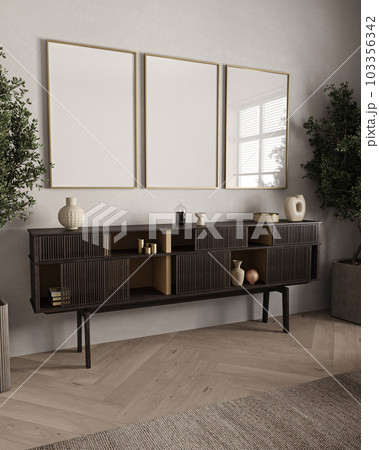 Modern livingroom interior with wooden dresser and minimalist art decoration. Mock up canvas 3 posters on beige wall. 3d rendering. High quality 3d illustration Modern livingroom interior with wooden dresser and minimalist art decoration. Mock up canvas 3 posters on beige wall. 3d rendering. High quality 3d illustration 103356342