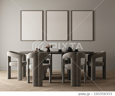Mockup 3 posters in modern diningroom interior design with gray empty wall, large table and served. Modern kitchen front view. 3d rendering. High quality 3d illustration 103356353