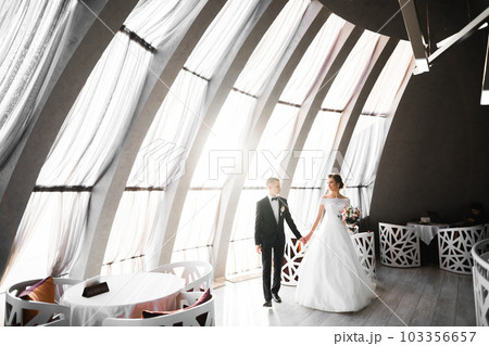 Wedding couple holding hands, groom and bride together on wedding day 103356657