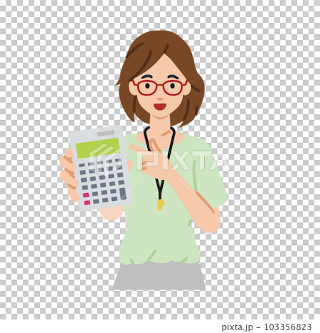 立って電卓を指差してこちらに向けて見せている教師の女性 立って電卓を指差してこちらに向けて見せている教師の女性 103356823