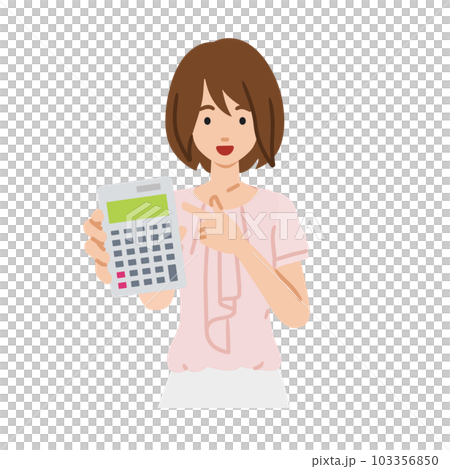立って電卓を持ってこちらに向けて見せているオフィスカジュアルの女性 103356850