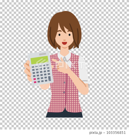 立って電卓を指差してこちらに向けて見せている事務員制服の女性 103356851