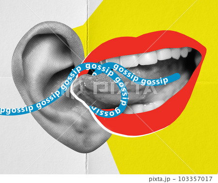 Female mouth to human ear talking gossips, rumors. Spreading fake information. Contemporary art collage. Female mouth to human ear talking gossips, rumors. Spreading fake information. Contemporary art collage. 103357017
