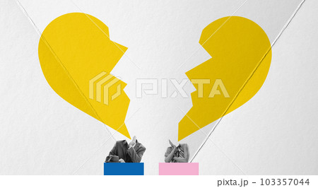 Disagreement. Man and woman with broken heart image. No connection,, misunderstanding. Contemporary art collage. Disagreement. Man and woman with broken heart image. No connection,, misunderstanding. Contemporary art collage. 103357044