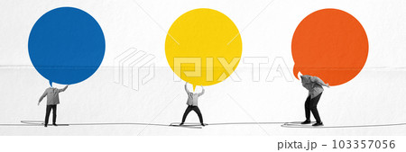 Man with giant speech bubbles with empty space for text over light background. Banner. Contemporary art collage. Man with giant speech bubbles with empty space for text over light background. Banner. Contemporary art collage. 103357056