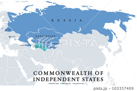 Commonwealth of Independent States (CIS), political map. Regional intergovernmental organization in Eurasia, formed following the dissolution of the Soviet Union. Nine member states and one associate. Commonwealth of Independent States (CIS), political map. Regional intergovernmental organization in Eurasia, formed following the dissolution of the Soviet Union. Nine member states and one associate. 103357409
